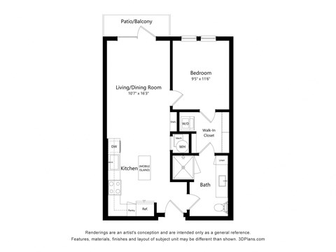 Floor plan for 1 bed, 1 bath, 651 sqft